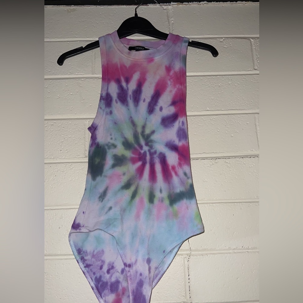 reworked tie dyed Forever 21 bodysuit with snap button closure